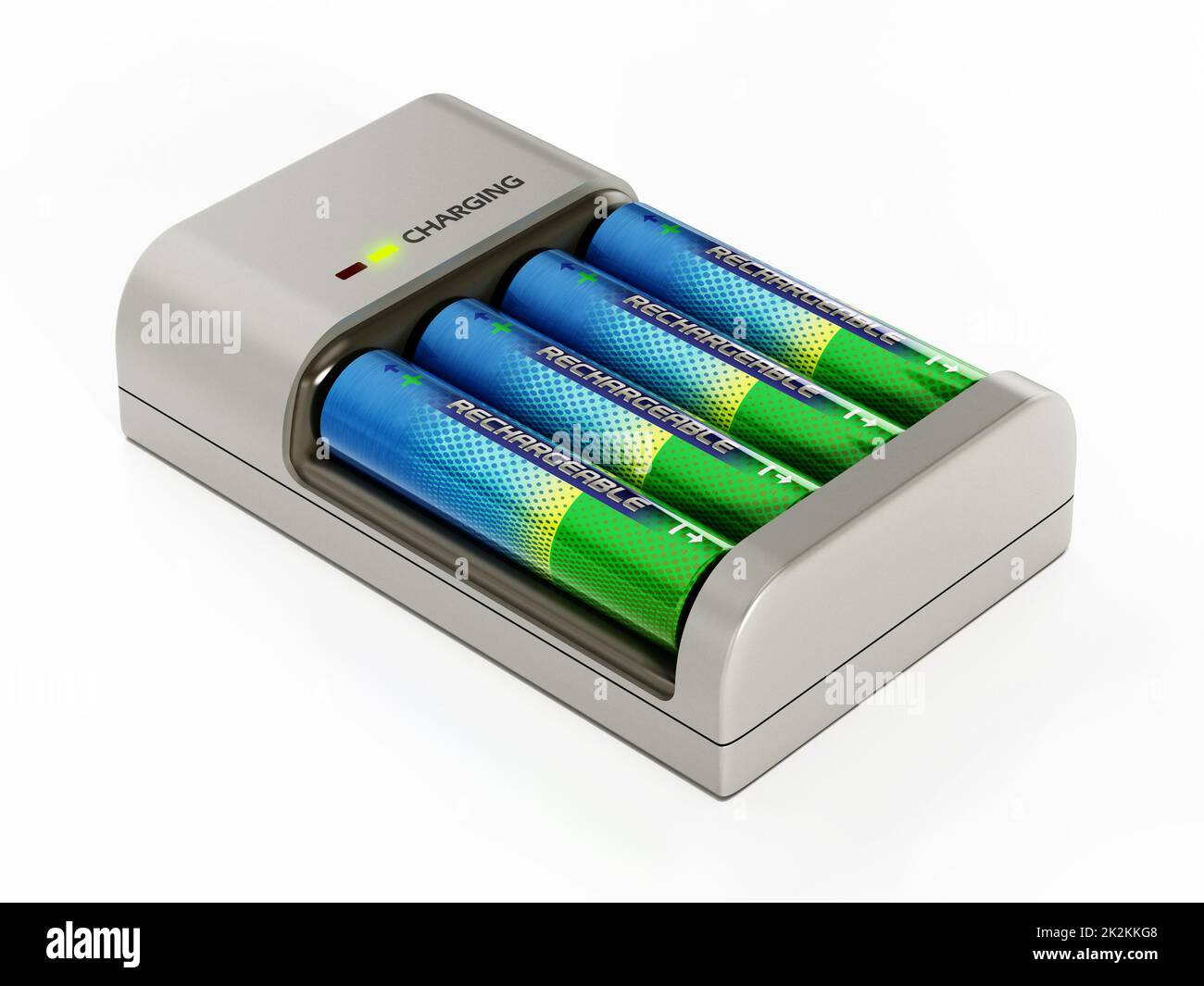 Wiederaufladbare AA-Batterien im Batterieladegerät. 3D Abbildung Stockfoto