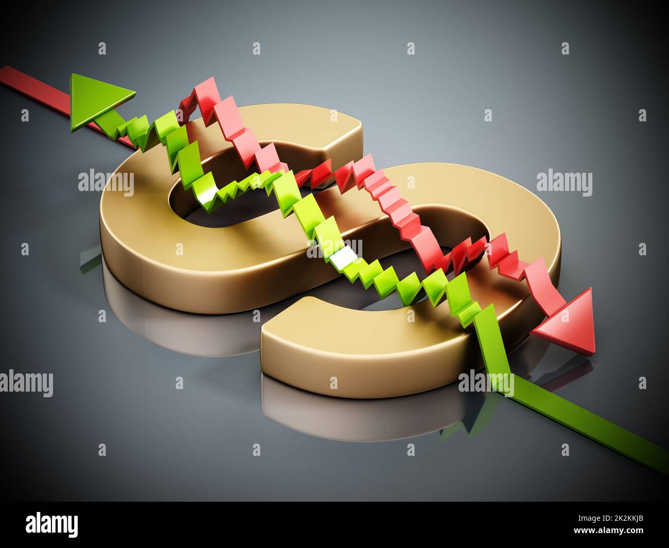 Steigende und fallende statistische Pfeile bilden ein Dollarzeichen mit dem Buchstaben S. 3D Stockfoto