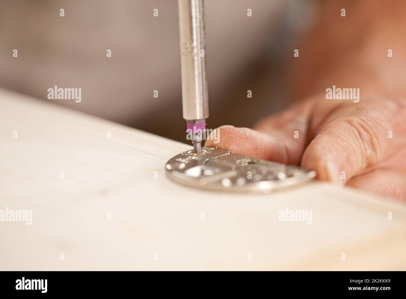 Konzentrieren Sie sich auf einen Schraubendreherbit, der eine Holzplatte verschraubt Stockfoto