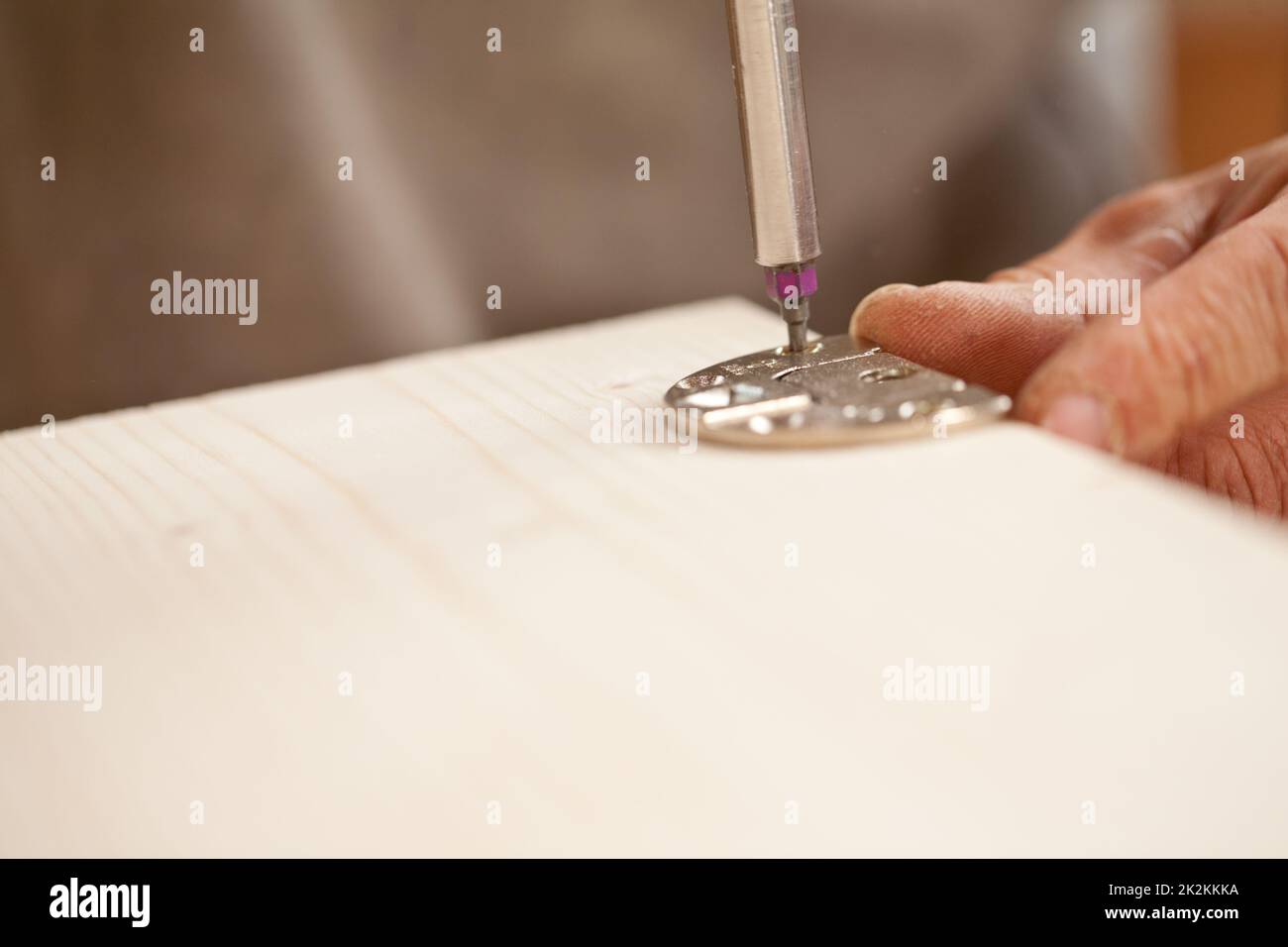 Konzentrieren Sie sich auf einen Schraubendreherbit, der eine Holzplatte verschraubt Stockfoto