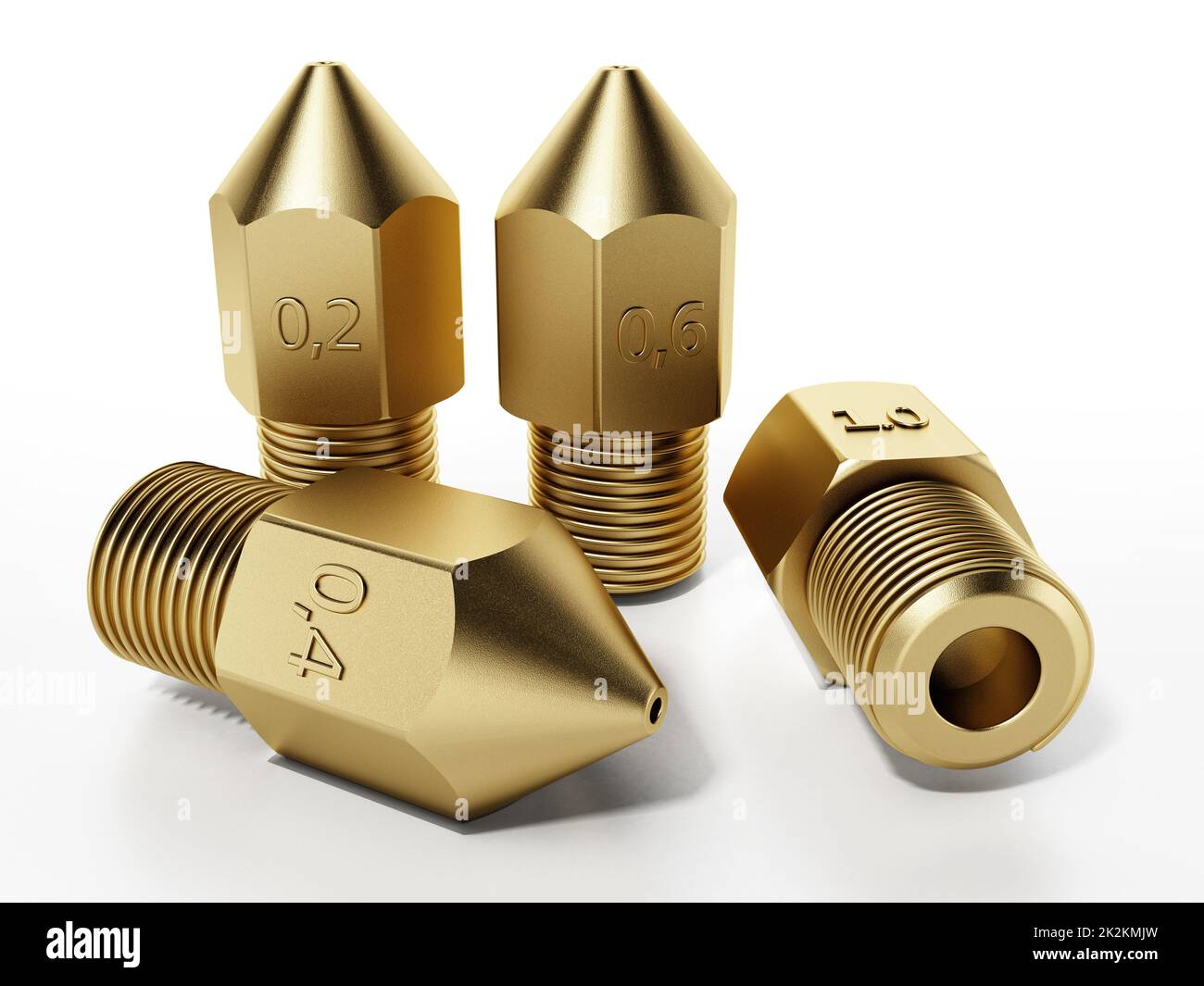 3D-Druckerdüsen aus Messing isoliert auf weißem Hintergrund. 3D Abbildung Stockfoto