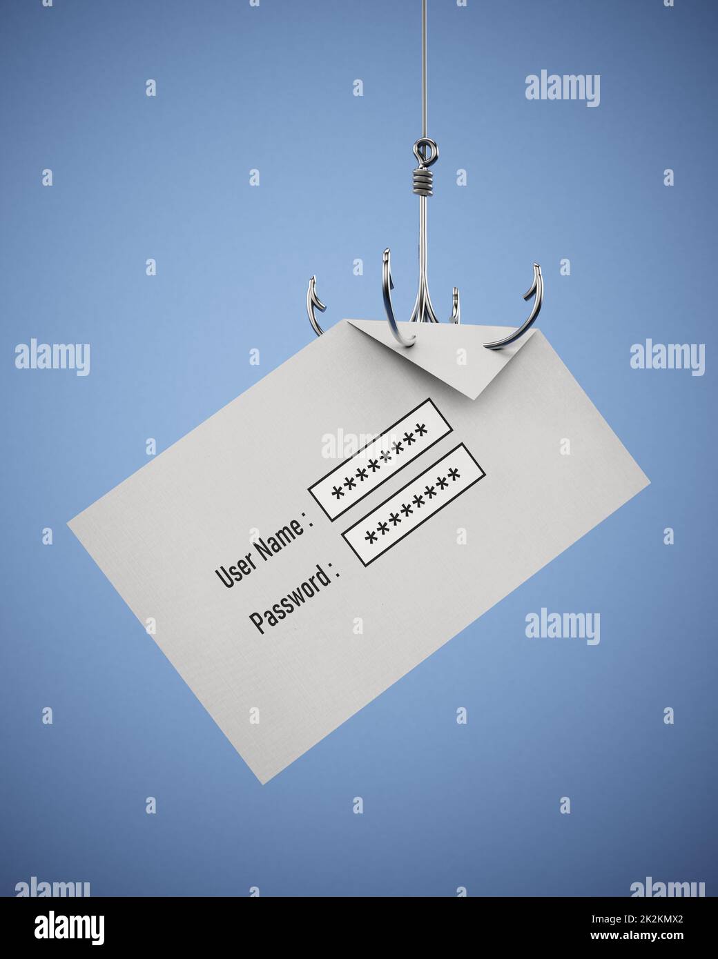Fischerhaken stiehlt Benutzernamen und Passwort. 3D Abbildung Stockfoto
