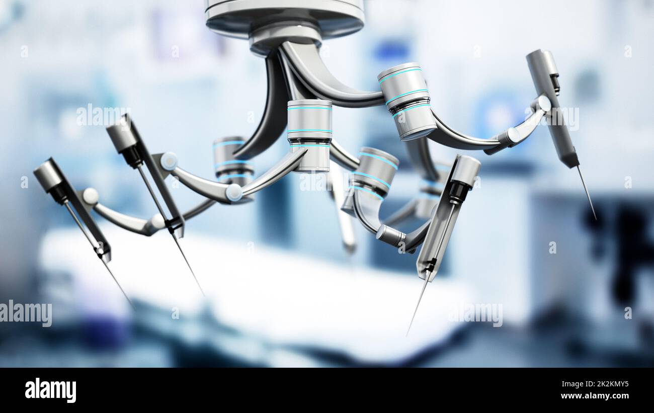 Roboterarme für die roboterassistierte Chirurgie. 3D Abbildung Stockfoto