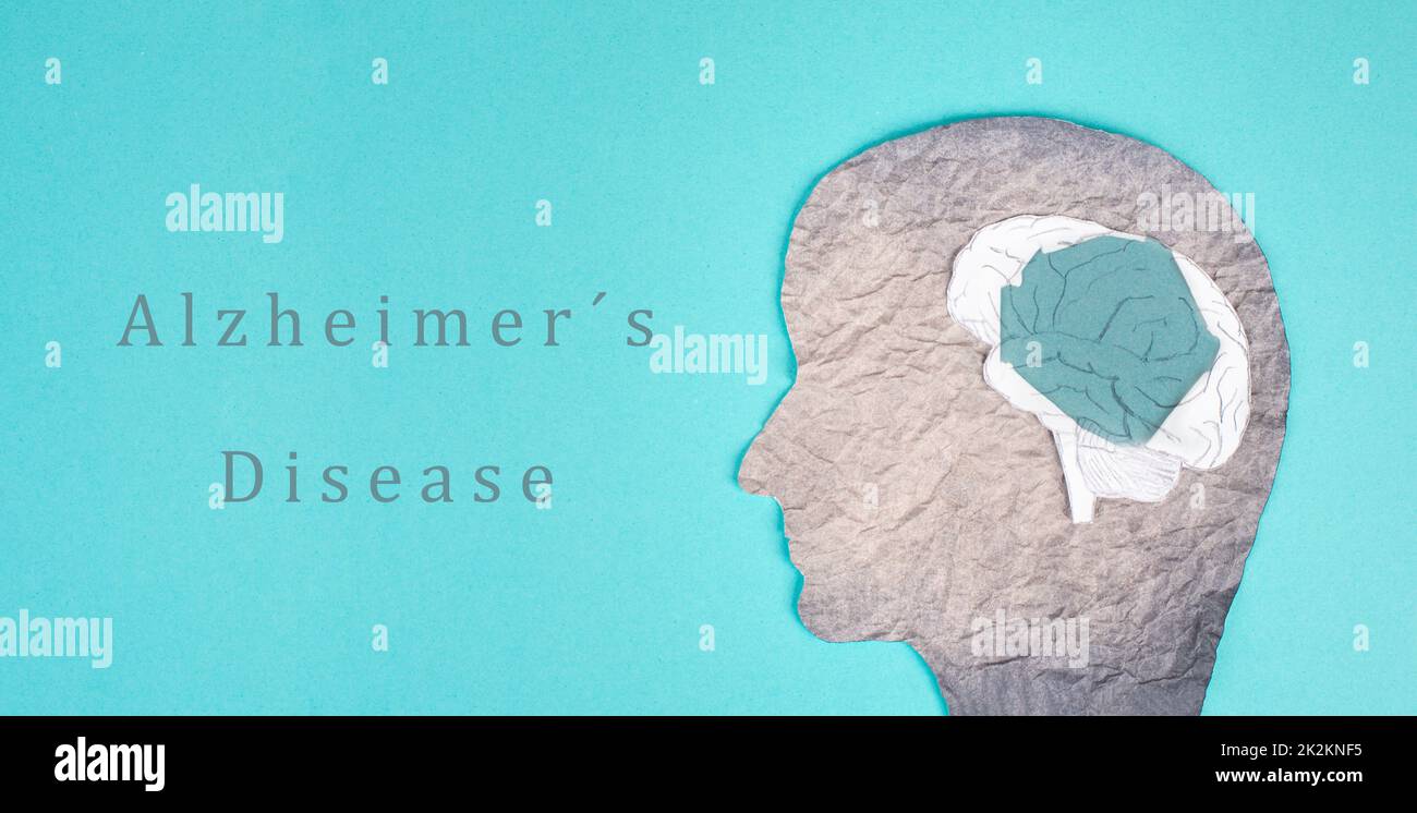 Alzheimer steht auf einem Papier, Silhouette eines Kopfes mit Hirnschaden, Demenzdiagnose, ParkinsonÂ Aufklärungstag Stockfoto