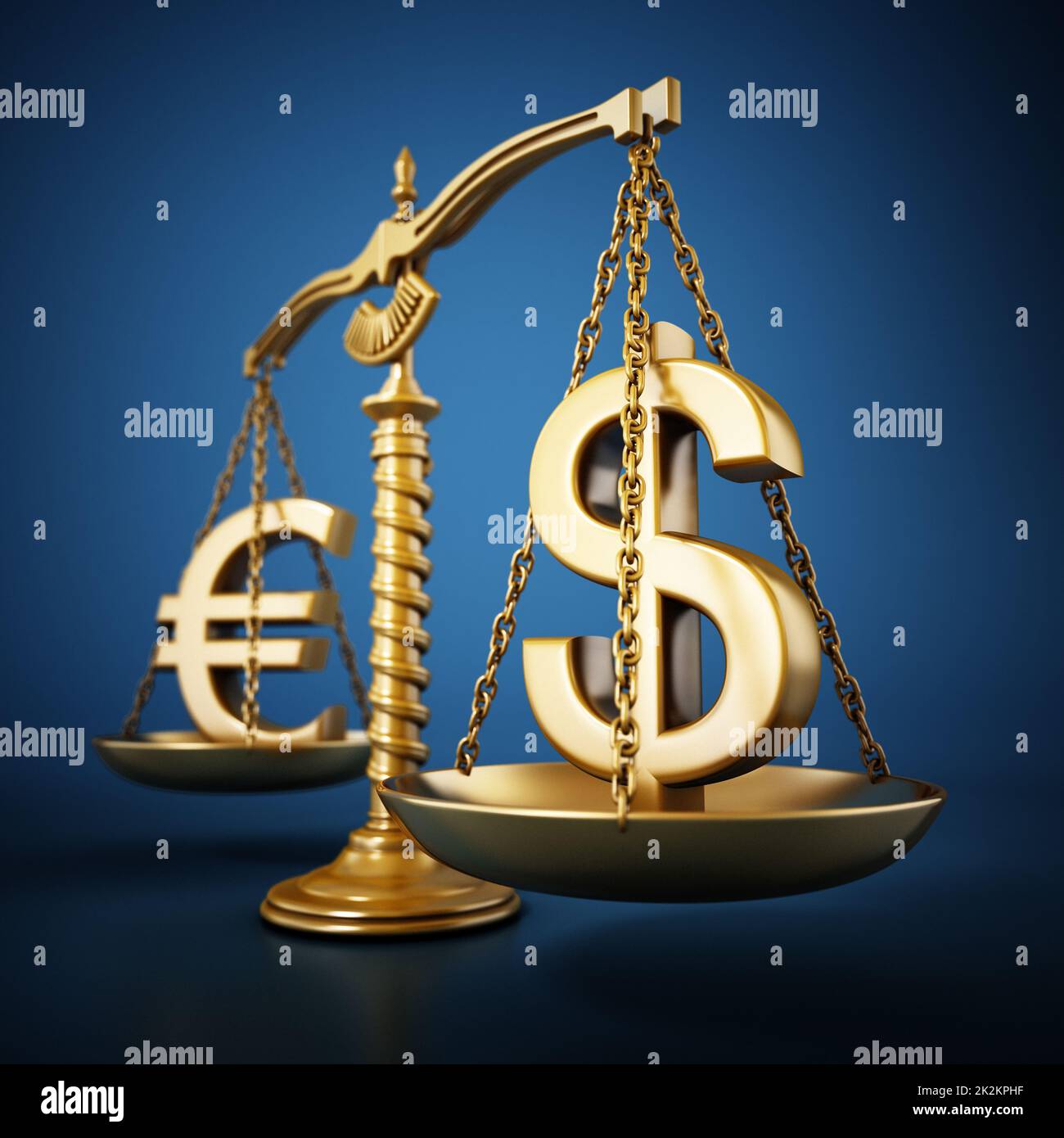 Goldene Euro- und Dollar-Zeichen, die auf einer ausgewogenen Skala stehen. 3D Abbildung Stockfoto