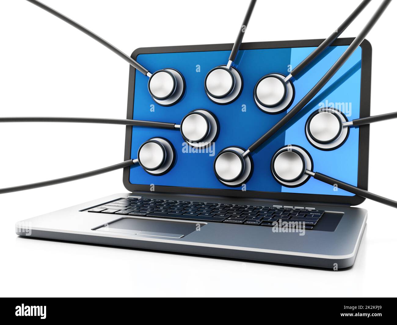 Stethoskope auf dem Laptop-Bildschirm. 3D Abbildung Stockfoto