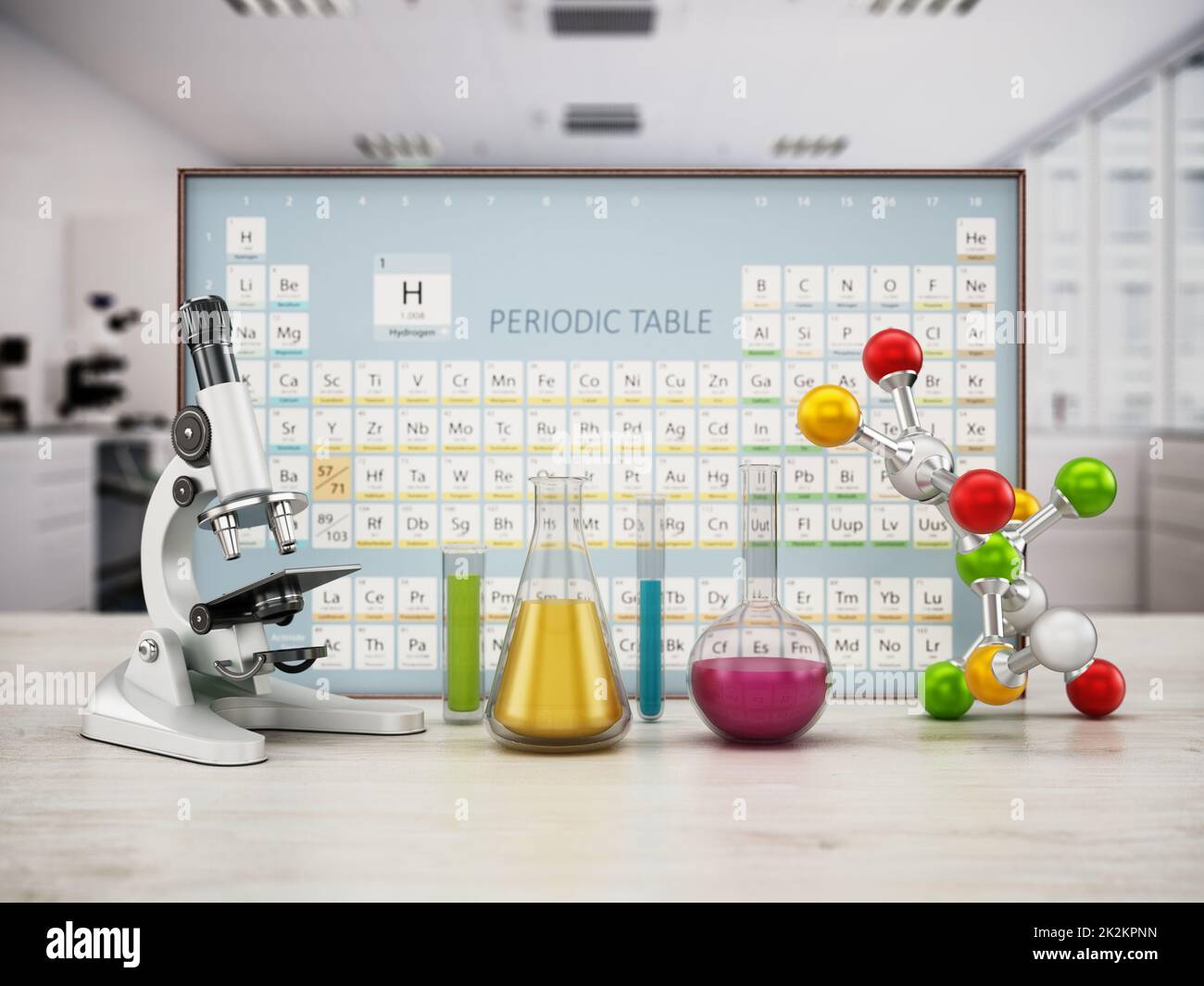 Chemielabor mit Mikroskop, Molekülmodell und Glaslaborausstattung auf dem Tisch. Periodensystem im Hintergrund. 3D Abbildung Stockfoto