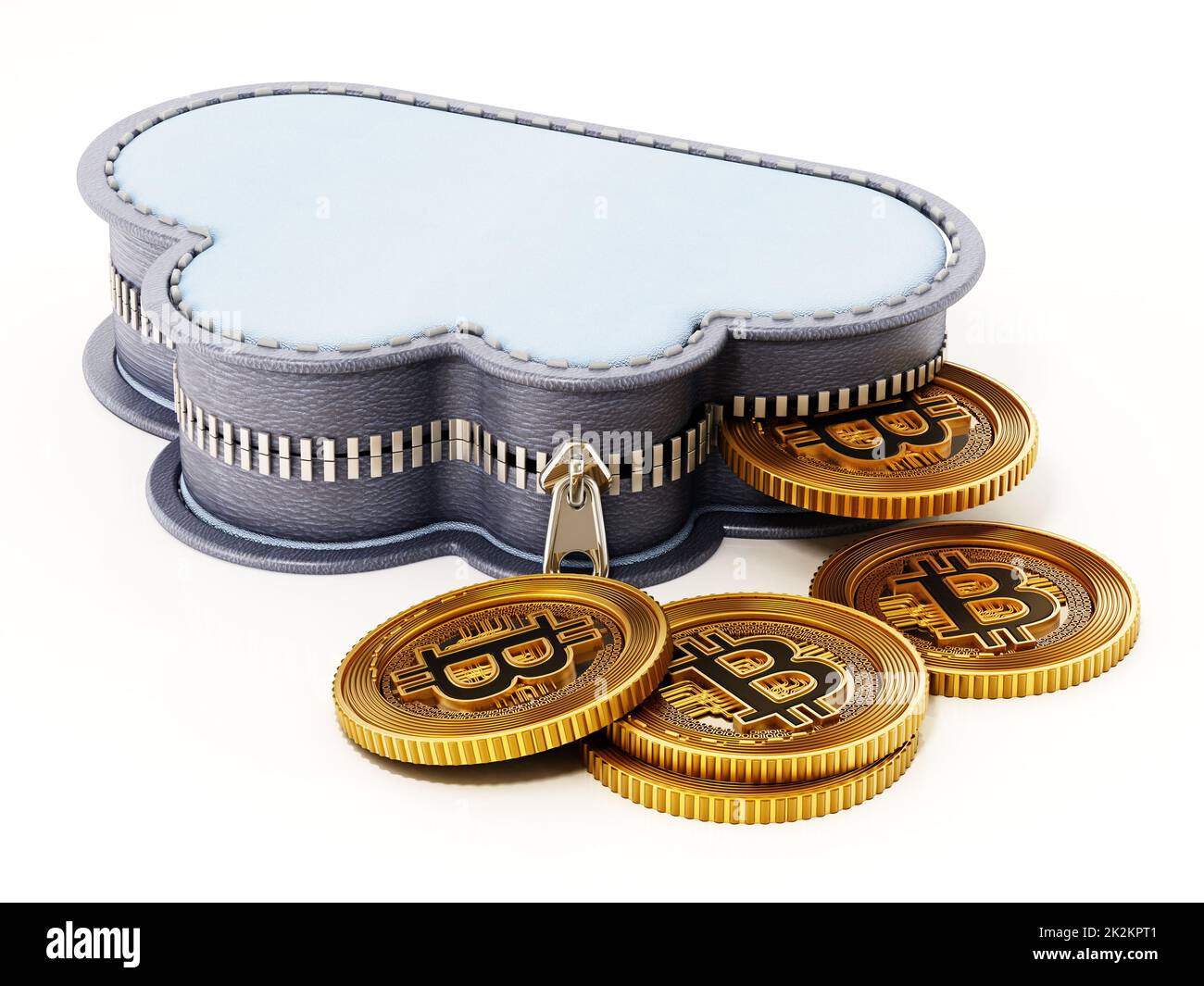 Wolkenförmige Geldbörse und Kryptogeld isoliert auf weißem Hintergrund. 3D Abbildung Stockfoto