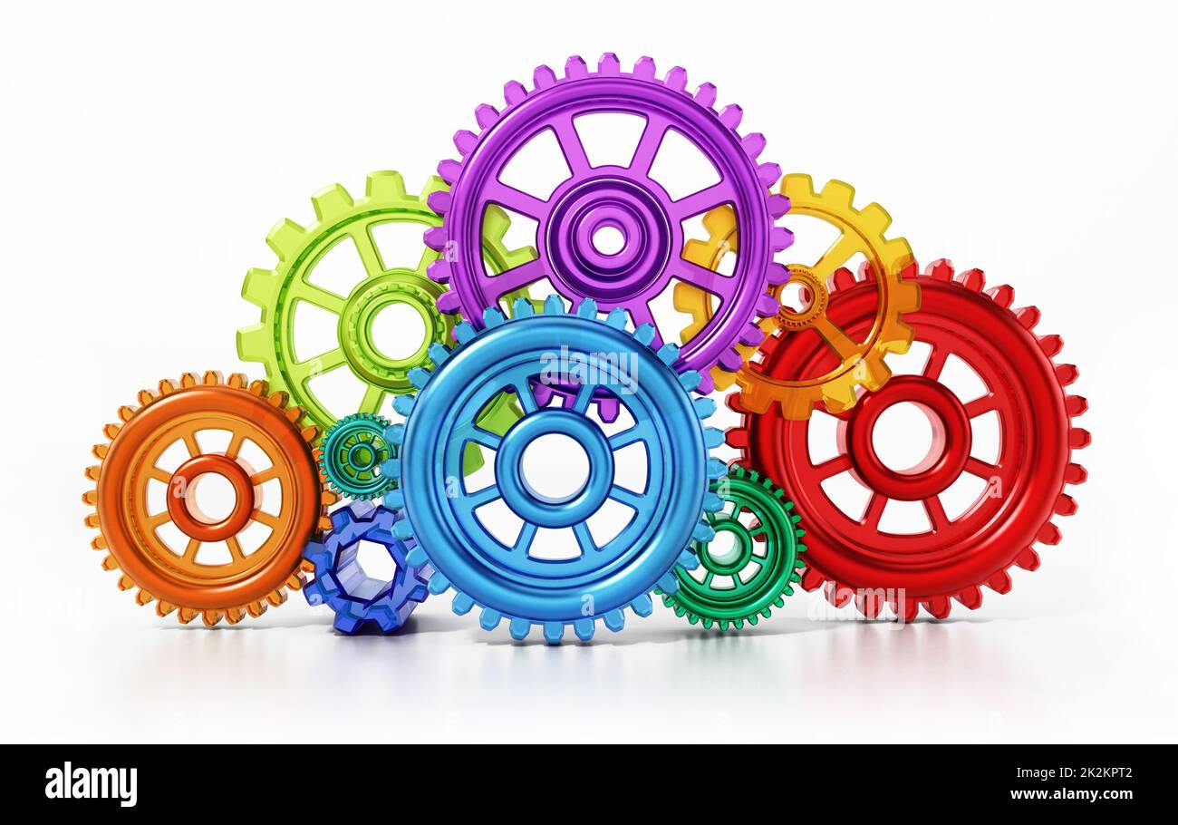 Bunte, miteinander verbundene Zahnräder in Bewegung, die eine Wolkenform bilden. 3D Abbildung Stockfoto