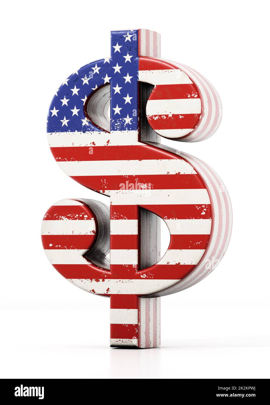 US-Flagge strukturiertes Dollar-Symbol isoliert auf weißem Hintergrund. 3D Abbildung Stockfoto