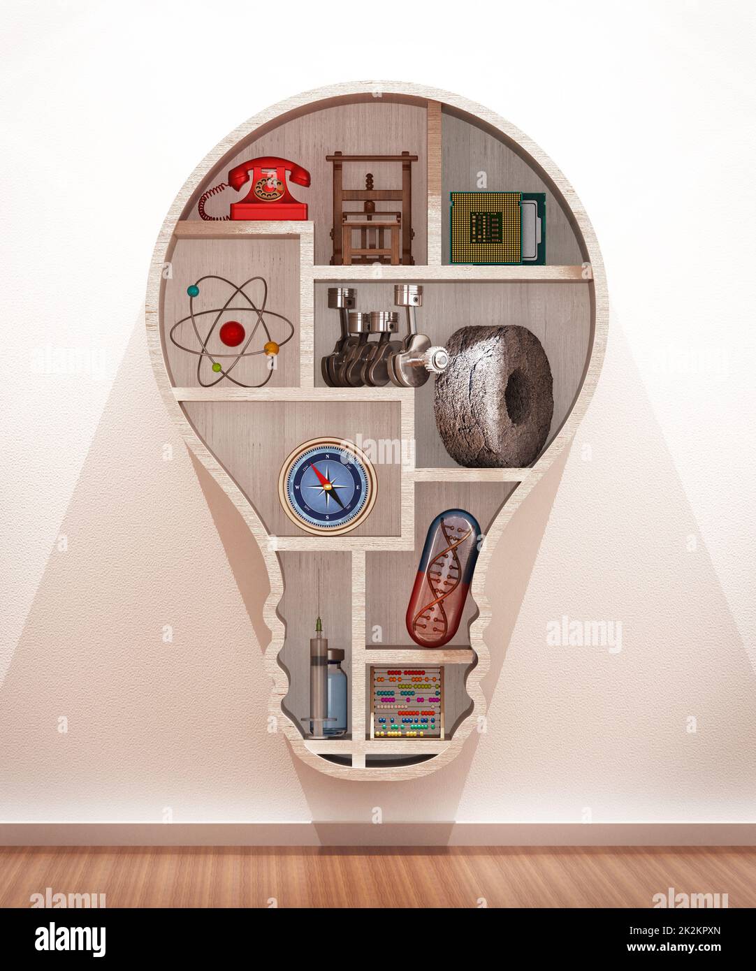 Gegenstände, die wichtige Erfindungen in der Geschichte darstellen, stehen auf glühbirnenförmigen Regalen. 3D Abbildung Stockfoto