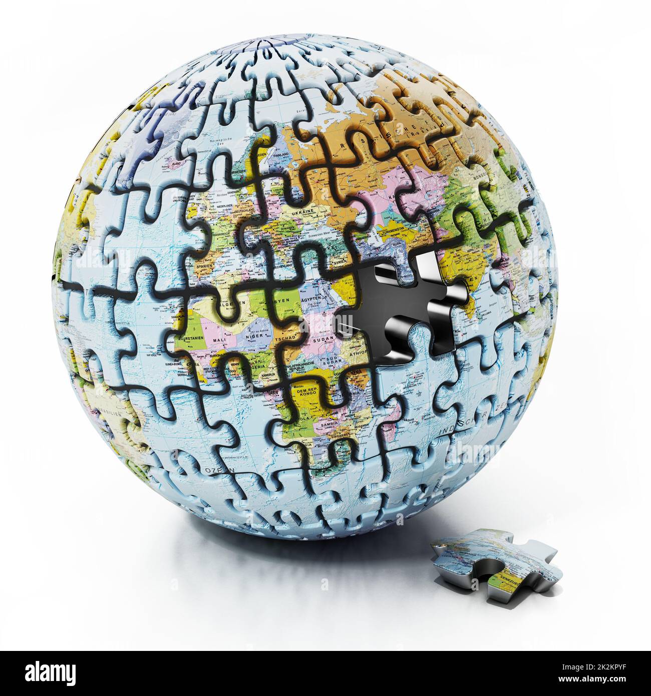 3D-Globus mit Weltkarte, die aus Puzzleteilen auf weißem Hintergrund besteht. 3D Abbildung Stockfoto