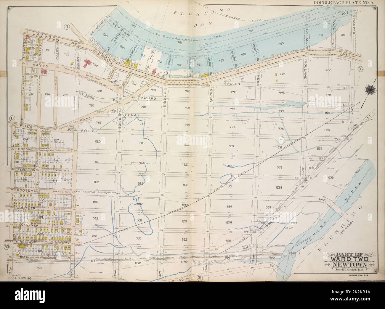 Kartografisch, Karten. 1915. Lionel Pincus und Prinzessin Firyal Map Division. Queens (New York, N.Y.), Immobilien , New York (Bundesstaat) , New York , Queens (Borough) Queens, Vol. 2A, Double Page Plate No. 9; Teil von ward Two Newtown. Karte begrenzt durch Flushing Bay, Happer Ave., Prime St., Flushing River; einschließlich Lurting St., Tiemann Ave., Steenwyck St. Stockfoto