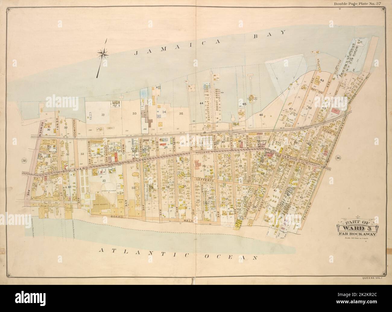 Kartografisch, Karten. 1907. Lionel Pincus und Princess Firyal Map Division Queens, Vol. 1, Doppelseitenplatte Nr. 37; Teil von ward 5; Farrockaway; Remsen Ave., Henry St., Hollywood Ave., Wolcott Ave., Judson Ave., Ward Ave., Thompson Ave., Bond Ave., Waverly Ave., Academy Ave.; Einschließlich Holland Ave., Oceanus Ave., Bayview Ave., Bayside Pl., Fairview Ave., Hammels Ave., Grove Ave., Eldert Ave., Schmeelk Ave., Boardwalk Stockfoto
