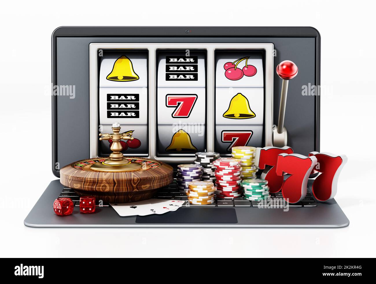 Konzept des Online-Glücksspiels. Roulettetisch, Spielkarten, Casino-Chips stehen auf einem Laptop. 3D Abbildung Stockfoto