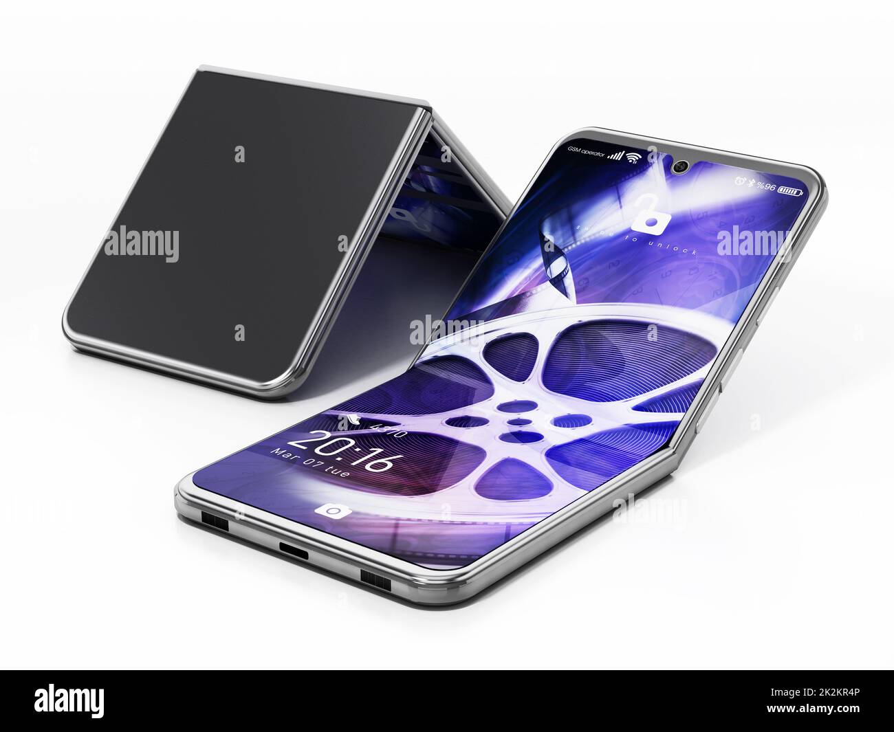 Generisches faltbares Smartphone mit fiktiver Bildschirmschnittstelle isoliert auf weißem Hintergrund. 3D-Illustration Stockfoto