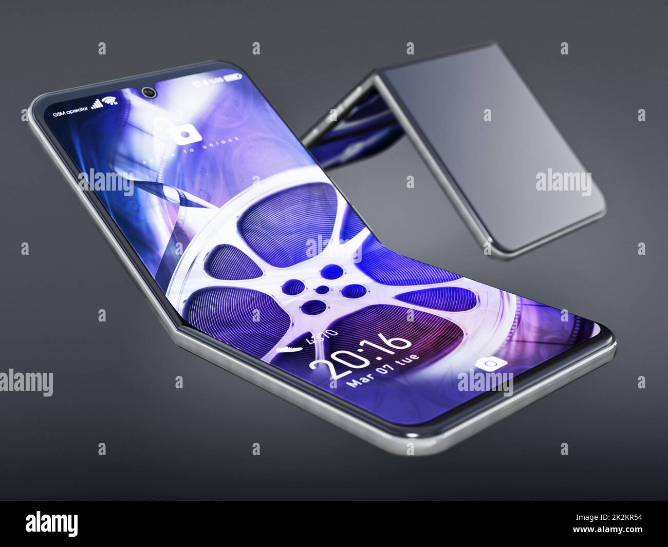 Allgemeines faltbares Smartphone mit fiktiver Bildschirmoberfläche auf grauem Hintergrund isoliert. 3D Abbildung Stockfoto