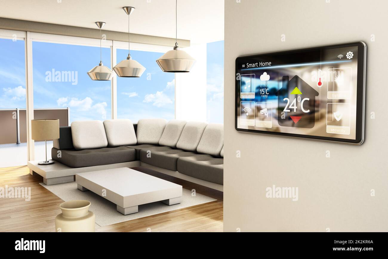 Smart-Home-Konzept. Tablet mit Smart-Home-Steuerung an der Wand des Hauses. 3D Abbildung Stockfoto