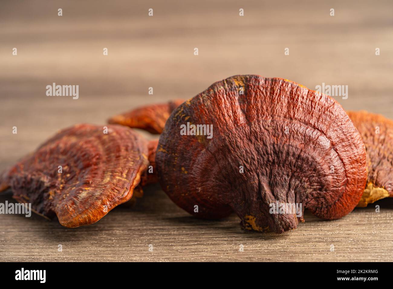 Getrockneter Lingzhi-Pilz auf hölzernem Hintergrund, gesundes Kräuterfutter. Stockfoto