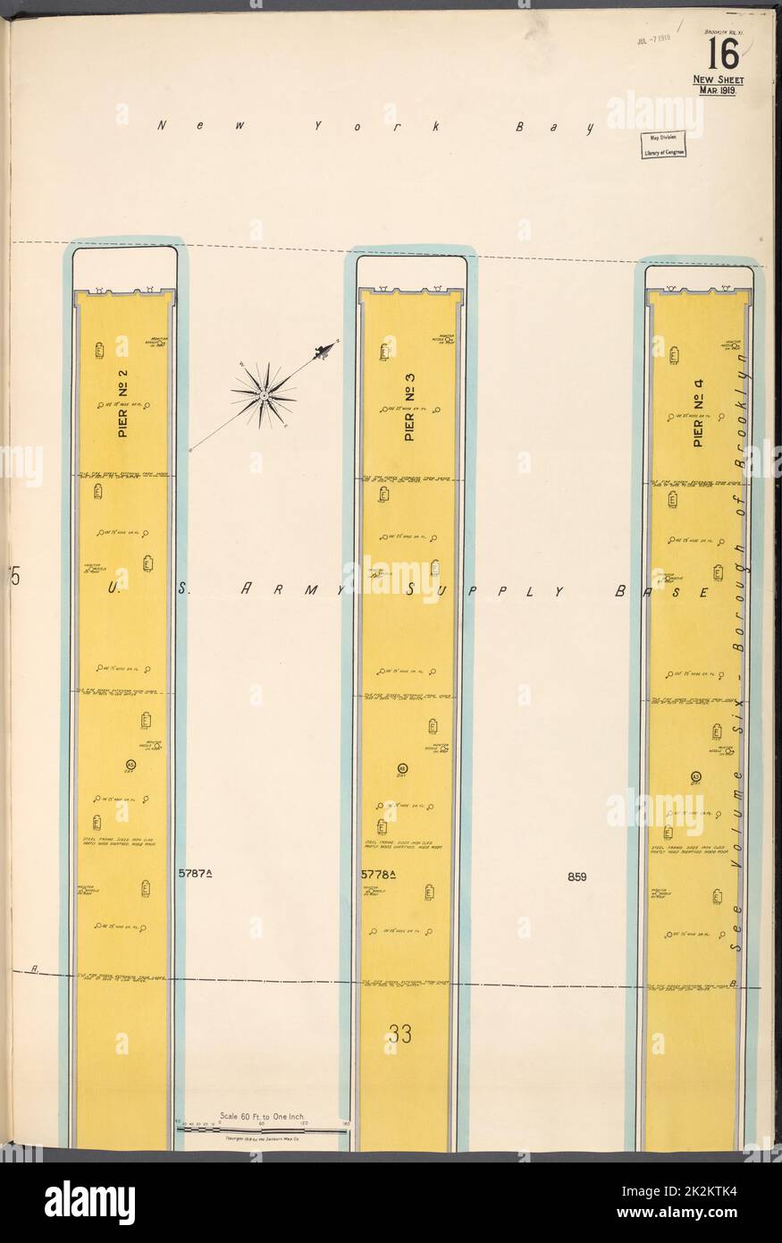 Kartografisch, Karten. 1884 - 1936. Lionel Pincus und Princess Firyal Map Division. Feuerversicherung , New York (Staat), Immobilien , New York (Staat), Städte & Orte , New York (Staat) Brooklyn V. 11, 1919 von New Sheet Map No. 16 Karte begrenzt durch New York Bay Stockfoto