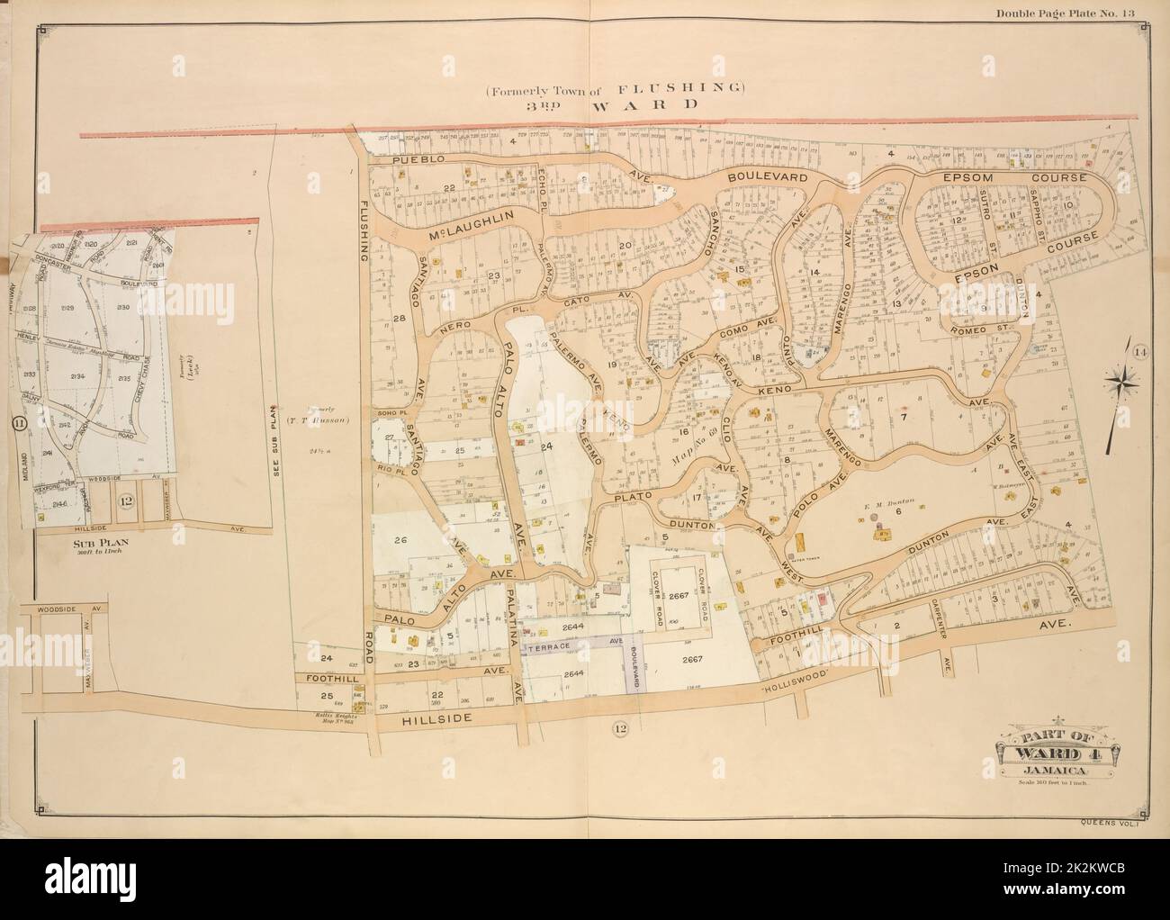 Kartografisch, Karten. 1907. Lionel Pincus und Princess Firyal Map Division Queens, Vol. 1, Doppelseitenplatte Nr. 13; Teil von ward 4 Jamaica; (ehemals Town of Flushing 3. ward.); Karte begrenzt durch Pueblo Ave., Mc. Laughlin , Flushing Road, Boulevard, Epsom Course, Palermo Ave., Santiago Ave., Cato Ave., Palo Alto Ave., Palermo Ave., Keno Ave., Plato Ave., Palatina Ave., Foothill Ave., Hillside Ave., Woodside Ave., Maxweber Ave., Como Ave., Clio Ave., Dunton Ave., Terrace Ave., Boulevard, Clover Road, Scarpenter Ave., Pinto Ave., Marengo Ave.; einschließlich Sutro St., Sappho St., Echo Pl., Nero Pl., Soho Stockfoto