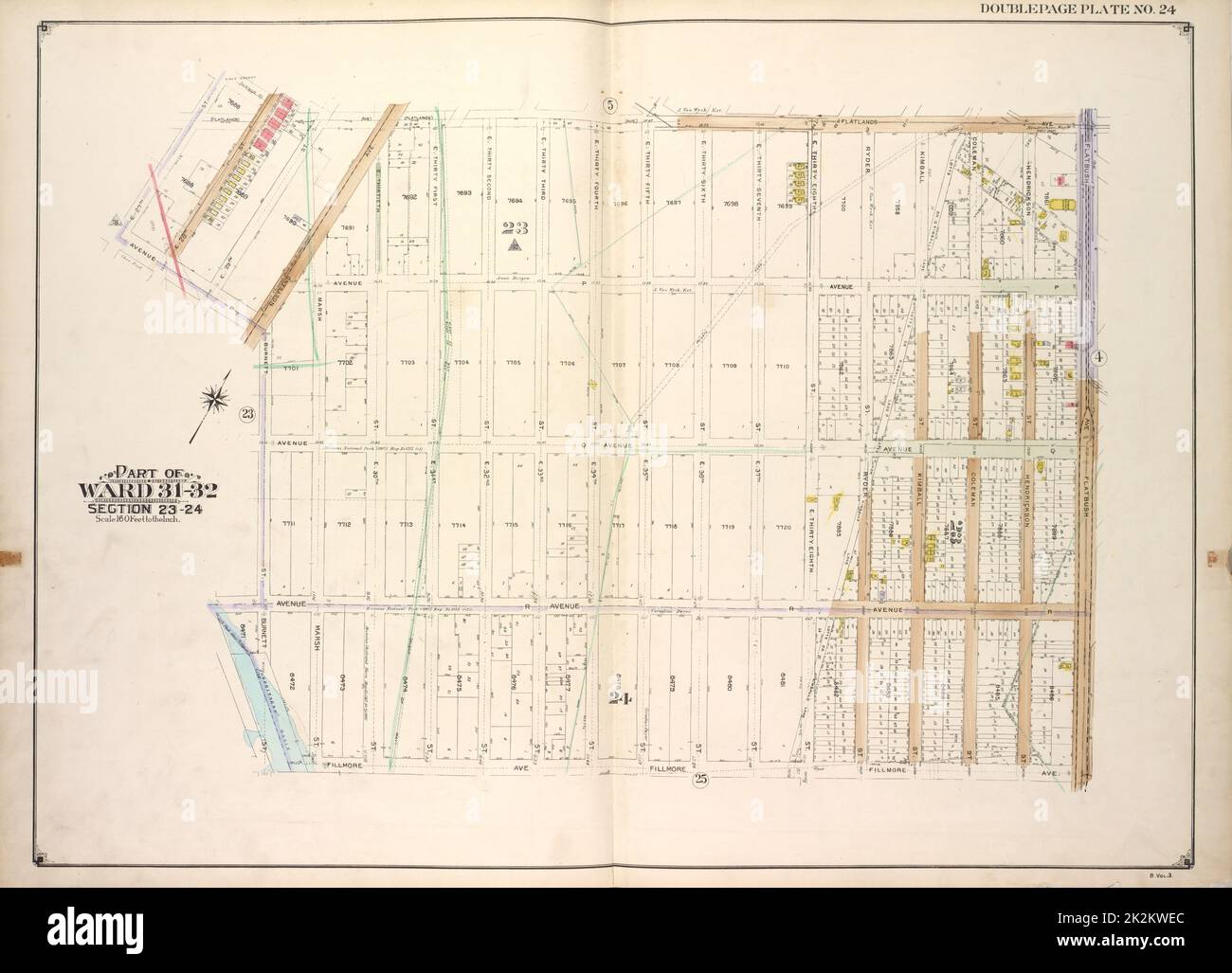 E.B. Hyde & Co. Kartografisch, Karten. 1916 - 1920. Lionel Pincus und Princess Firyal Map Division. Brooklyn (New York, N.Y.), Immobilien , New York (Bundesstaat) , New York Brooklyn, Vol. 3, Doppelseitenplatte Nr. 24; Teil der Wards 31-32, Abschnitte 23-24; Karte begrenzt durch Flatlands Ave., Flatbush Ave., Fillmore Ave.; einschließlich Burnett St., Avenue P, E. 27. St. Stockfoto