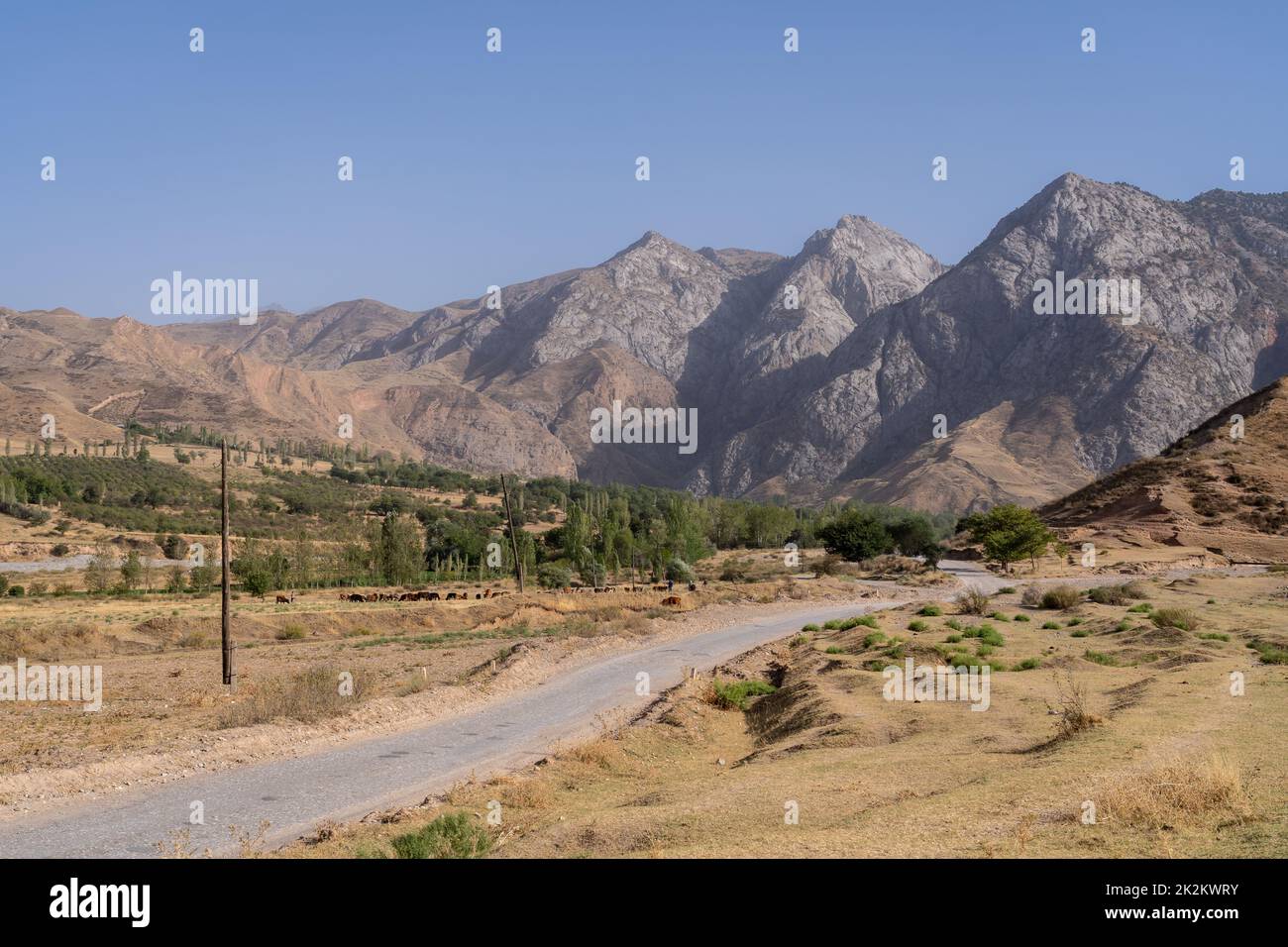 Malerische ländliche Berglandschaft in der Landschaft von Mazar-i-Sharif in der Nähe von Penjikent oder Panjakent, Region Sughd, Tadschikistan Stockfoto