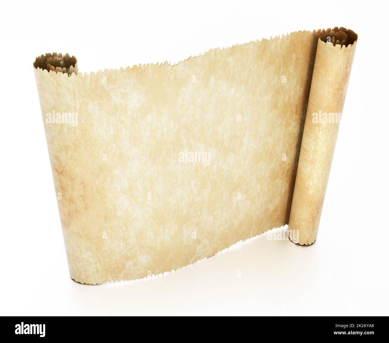 Altes, leeres Pergament isoliert auf weißem Hintergrund. 3D Abbildung Stockfoto