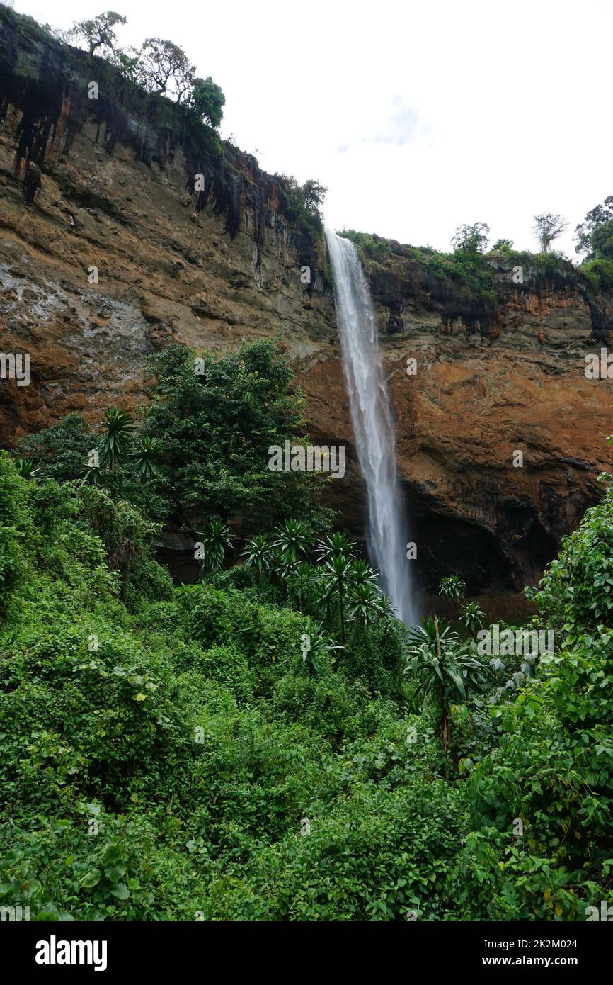 Wanderung zu den niedrigsten Sipi Falls im Mount Elgon National Park Stockfoto