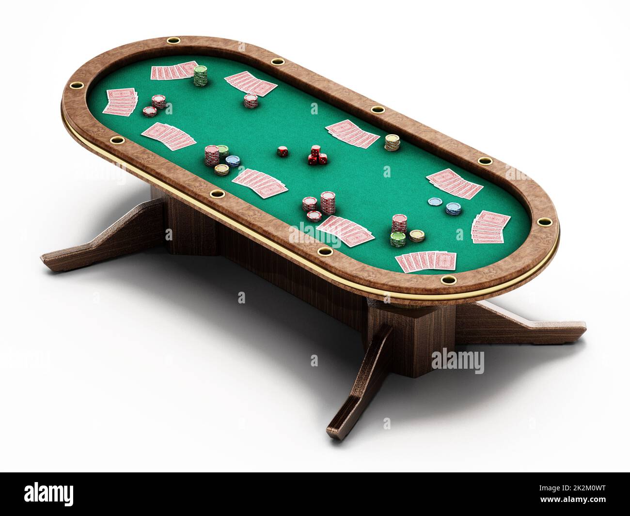 Pokertisch mit Spielkarten, Casino-Chips und Würfel. 3D Abbildung Stockfoto