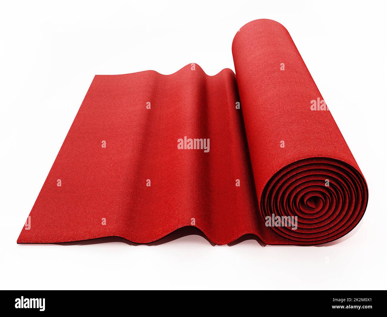 Aufgerollter roter Teppich isoliert auf weißem Hintergrund. 3D Abbildung Stockfoto