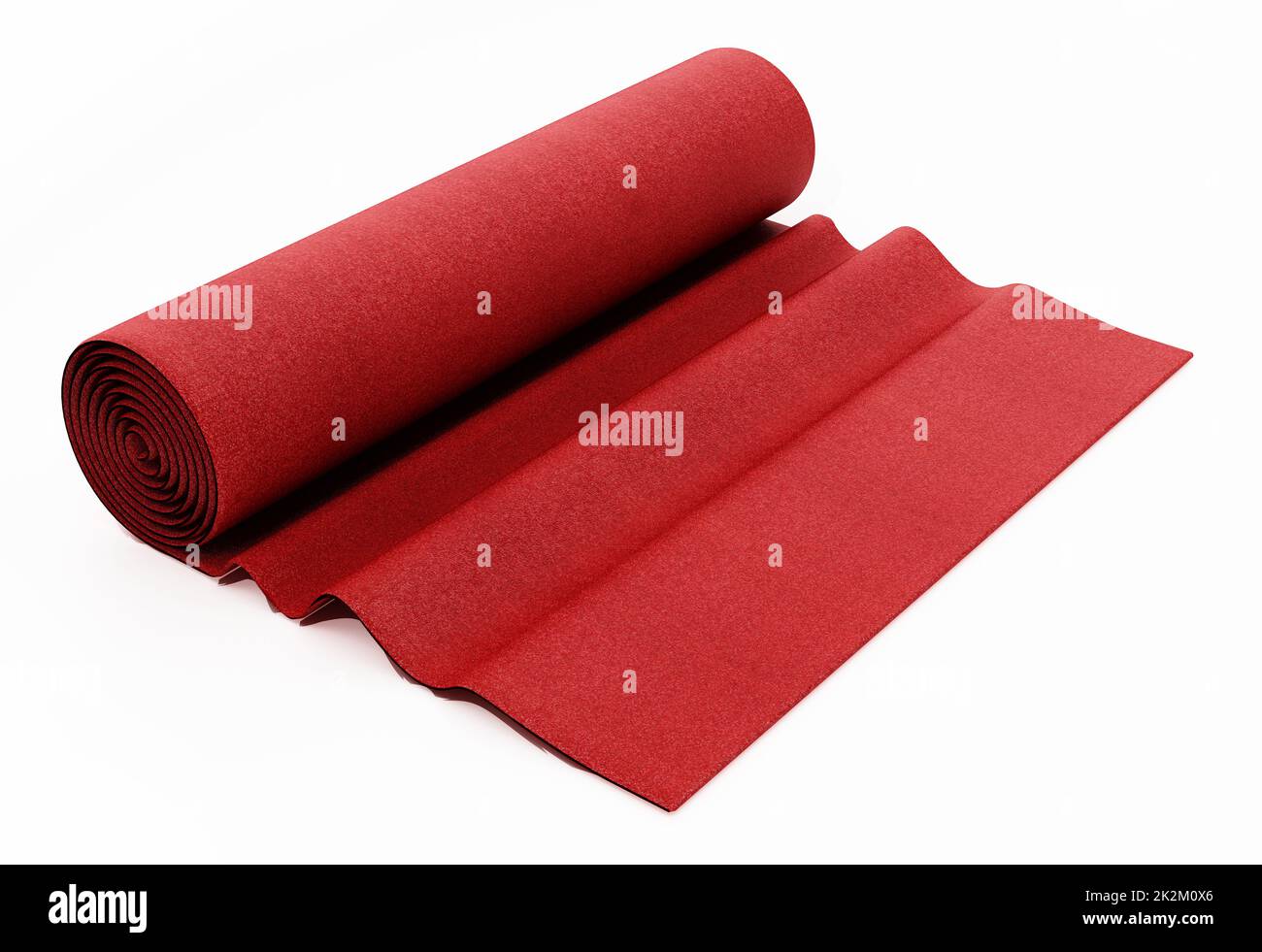 Aufgerollter roter Teppich isoliert auf weißem Hintergrund. 3D Abbildung Stockfoto
