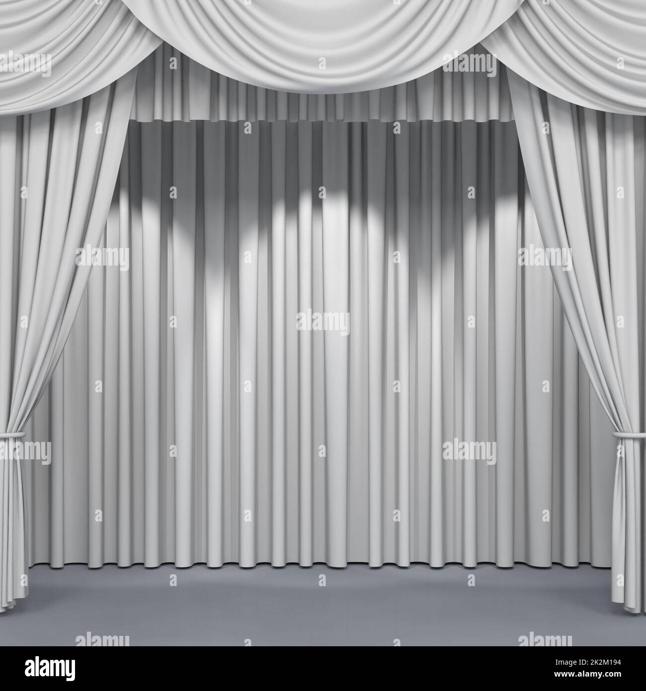 Weiße Bühnenvorhänge. Luxuriöse weiße Samtvorhänge Stockfoto