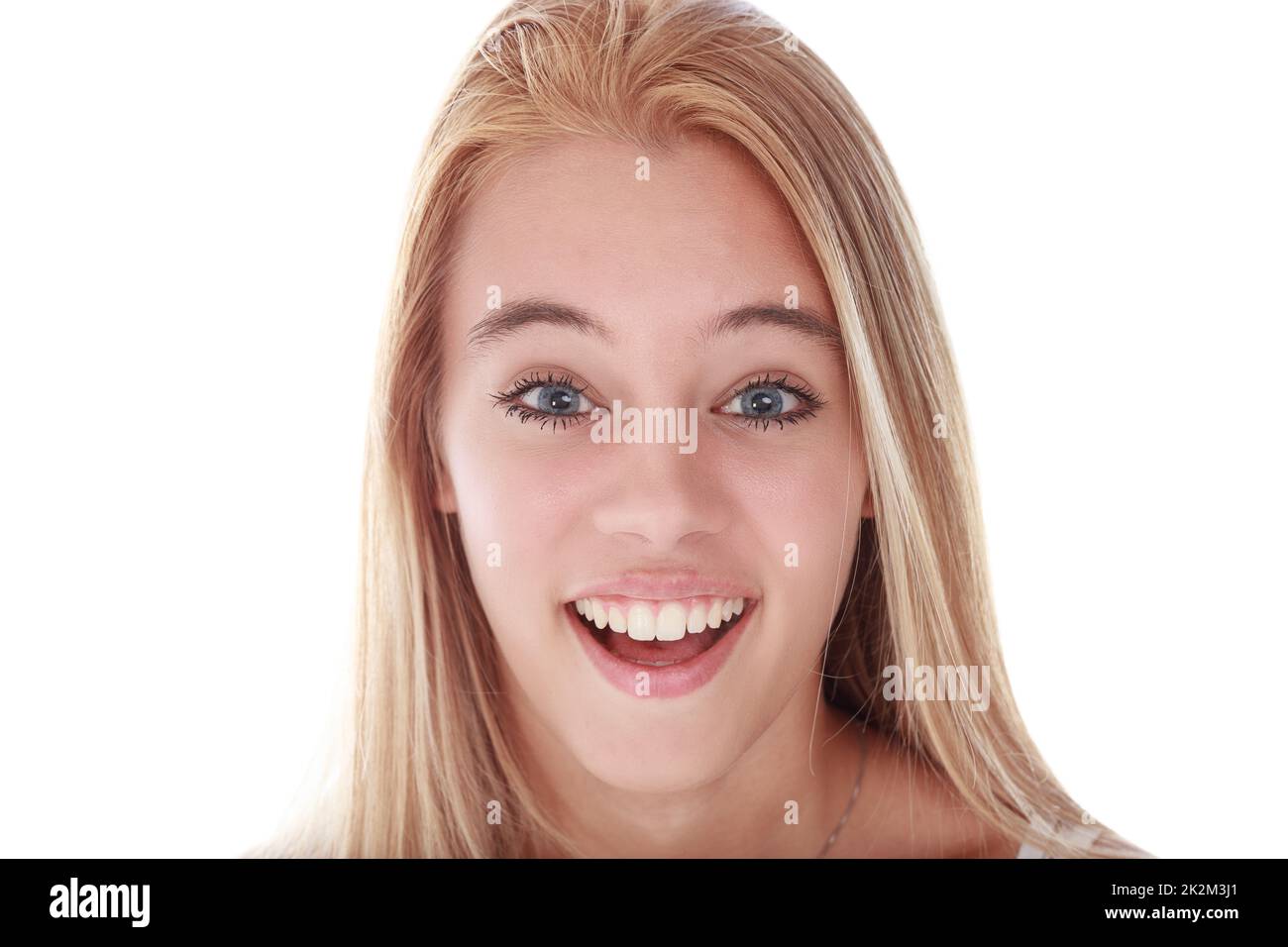 Was für eine Überraschung! Blond blaue Augen und weißer Hintergrund Stockfoto