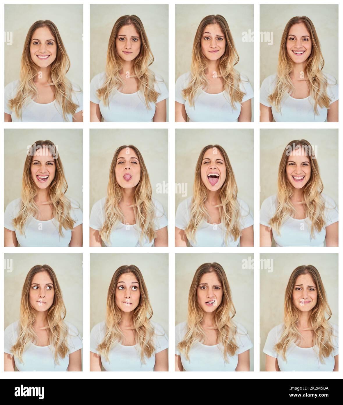 Sei wer auch immer du sein willst. Zusammengesetzte Aufnahme einer jungen Frau, die im Studio verschiedene Gesichtsausdrücke macht. Stockfoto