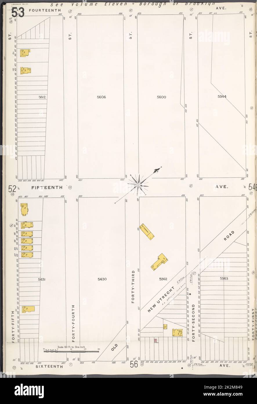 Kartografisch, Karten. 1884 - 1936. Lionel Pincus und Princess Firyal Map Division. Feuerversicherung , New York (Staat), Immobilien , New York (Staat), Städte und Orte , New York (Staat) Brooklyn V. 12, Plate No. 53 Karte begrenzt durch 14. Ave., 41. St., 16. Ave., 45. St. Stockfoto