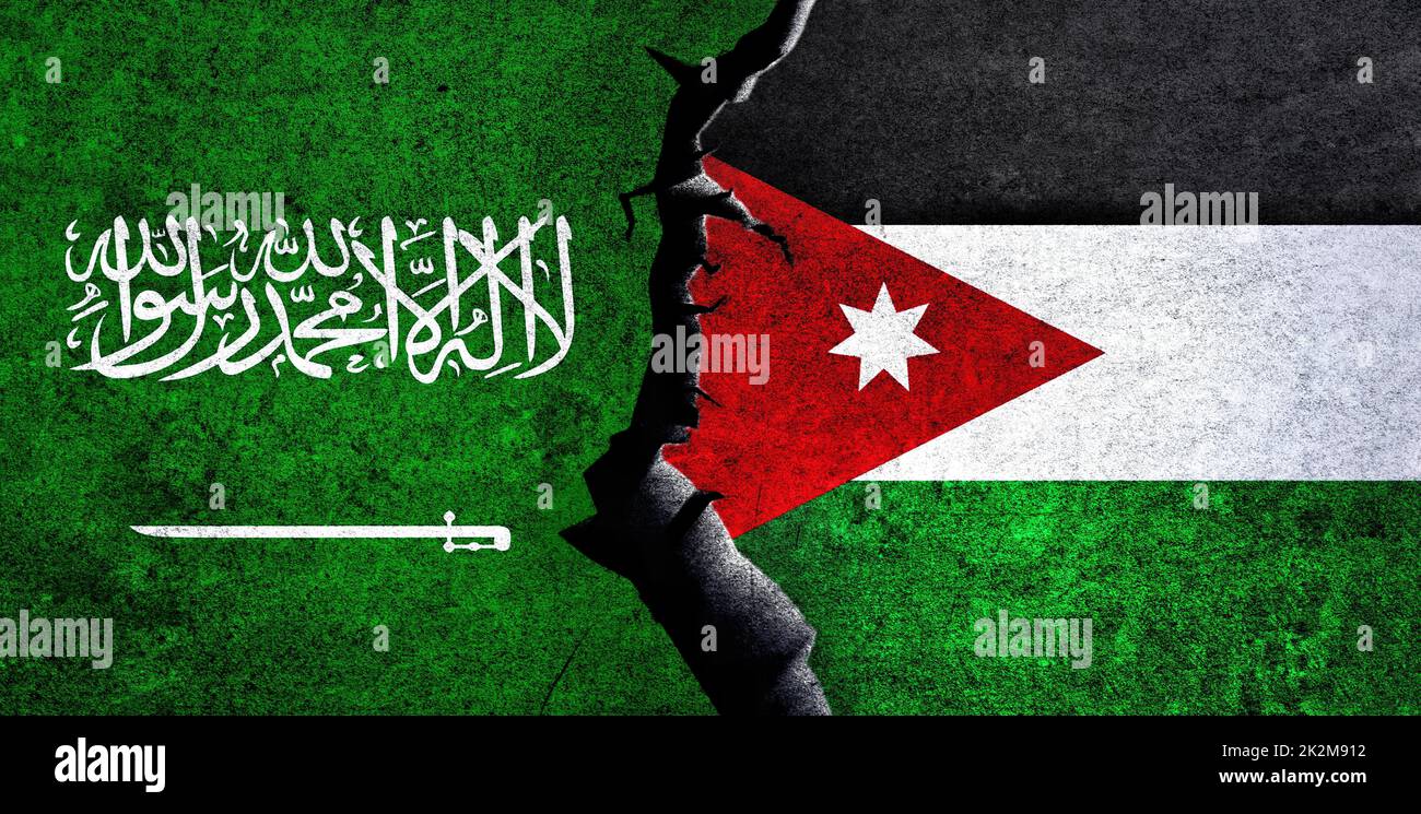 Saudi-Arabien und Jordanien Flaggen zusammen. Beziehungen Jordanien und Saudi-Arabien, Konflikt, Wirtschaft, Konzept der politischen Spaltung Stockfoto