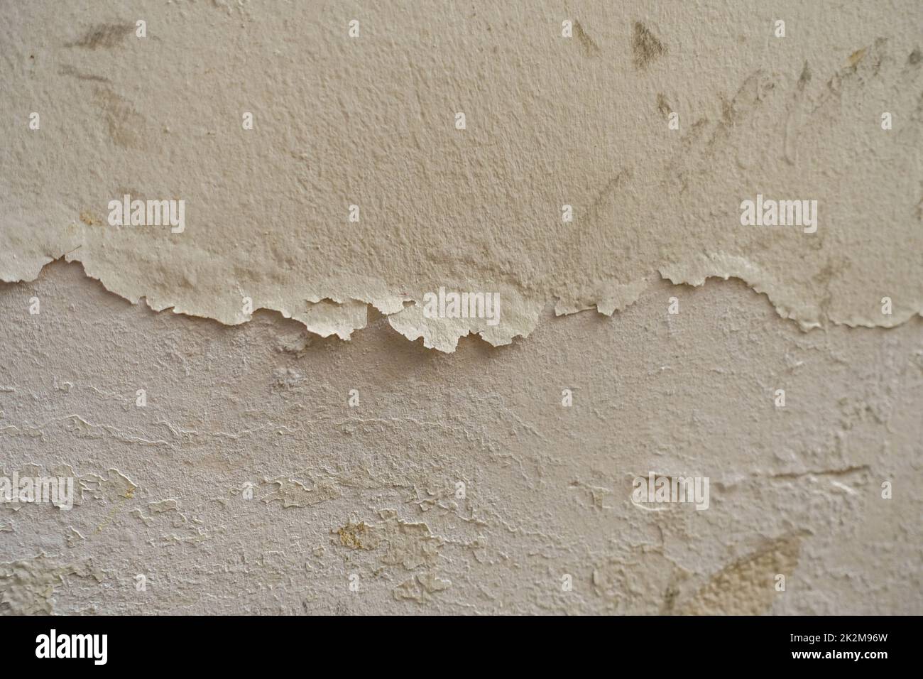 Die Wand, die aufgrund von Feuchtigkeit schimmelig und verformt ist Stockfoto
