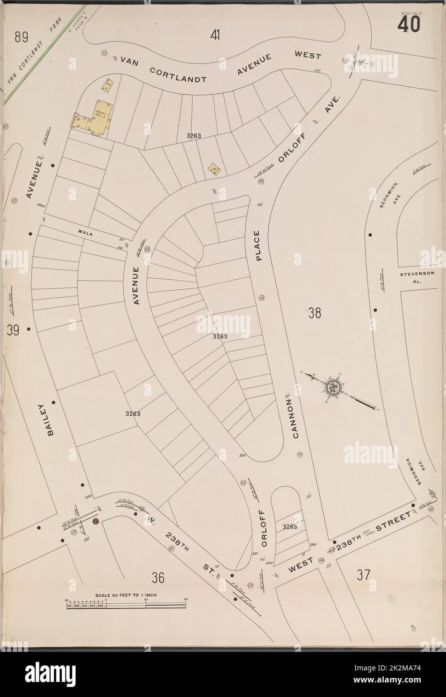 Kartografisch, Karten. 1914. Lionel Pincus und Prinzessin Firyal Map Division. Feuerversicherung , New York (Staat), Immobilien , New York (Staat), Städte & Orte , New York (Staat) Bronx, V. 13, Plate No. 40 Karte begrenzt durch Van Cortlandt Avenue West, Sedgwick Ave., W. 238. St., Bailey Ave. Stockfoto