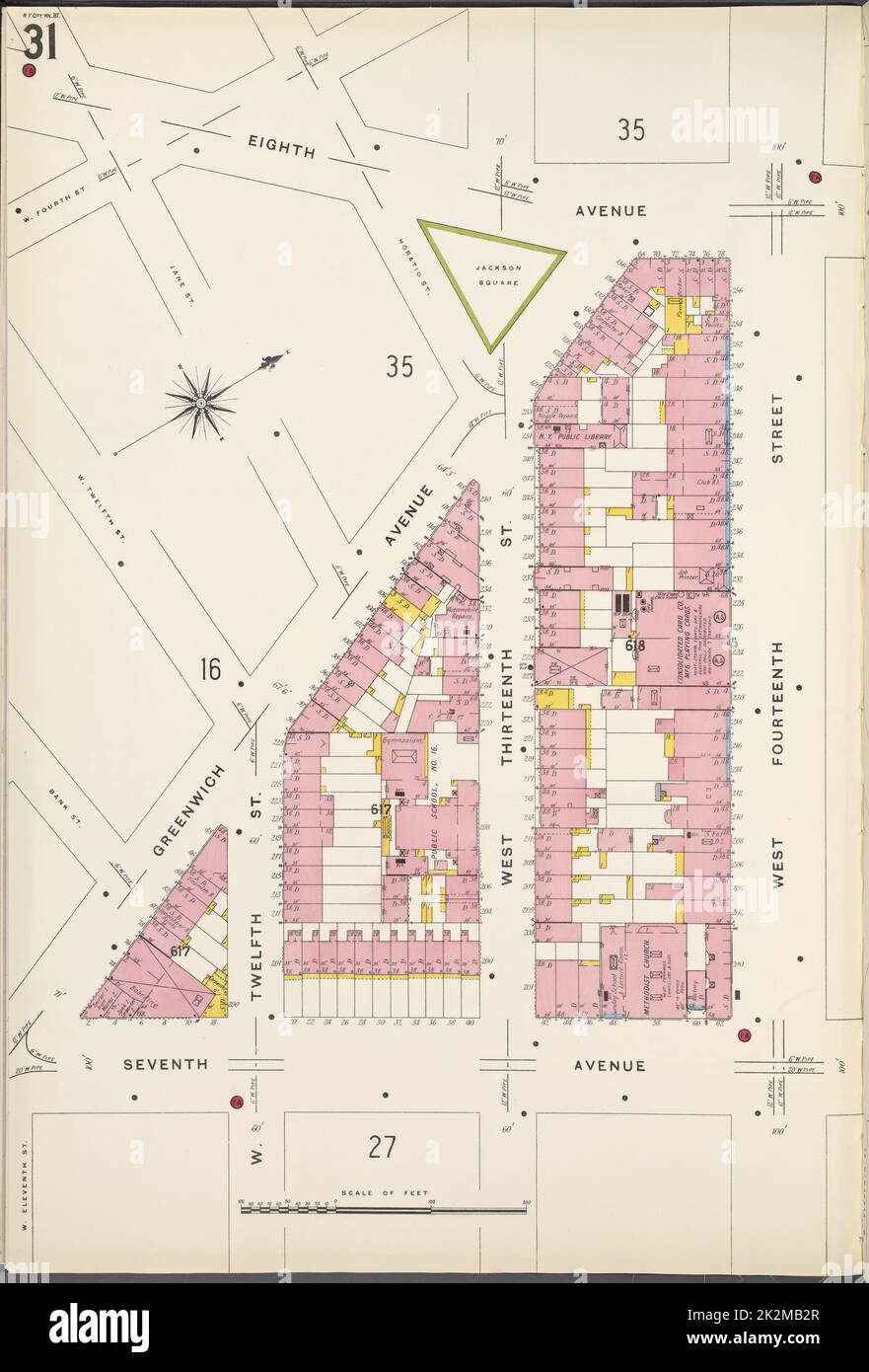 Kartografisch, Karten. 1884 - 1936. Lionel Pincus und Princess Firyal Map Division. Feuerversicherung , New York (Staat), Immobilien , New York (Staat), Städte & Orte , New York (Staat) Manhattan, V. 3, Plate No. 31 Karte begrenzt durch 8. Ave., W. 14. St., 7. Ave., Greenwich Ave. Stockfoto