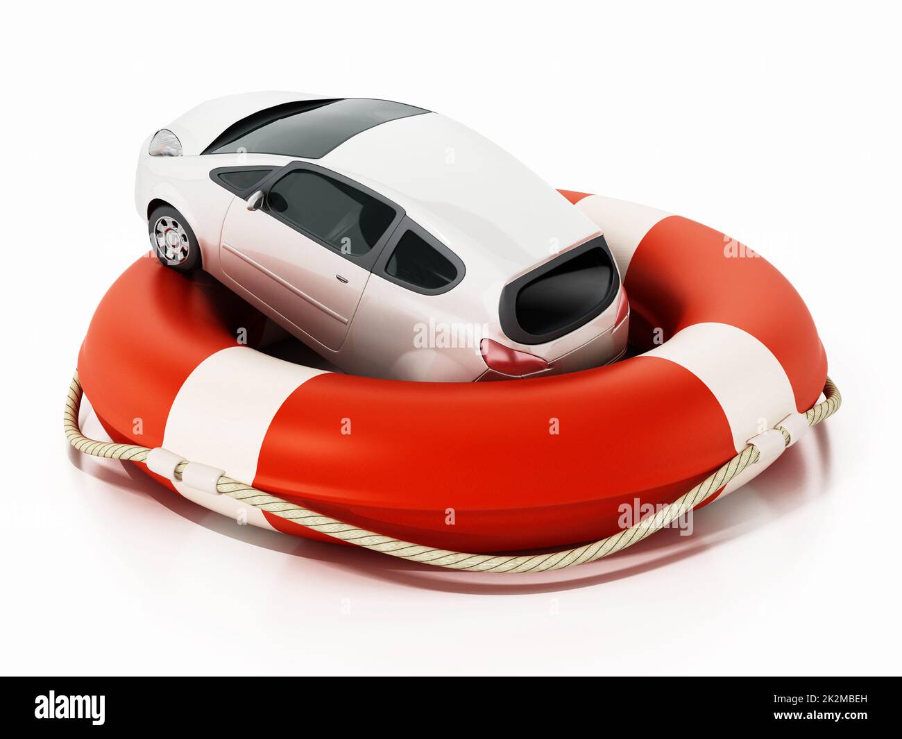 Auto in der Rettungsboje isoliert auf weißem Hintergrund. Versicherungs- und Sicherheitskonzept. 3D Abbildung Stockfoto