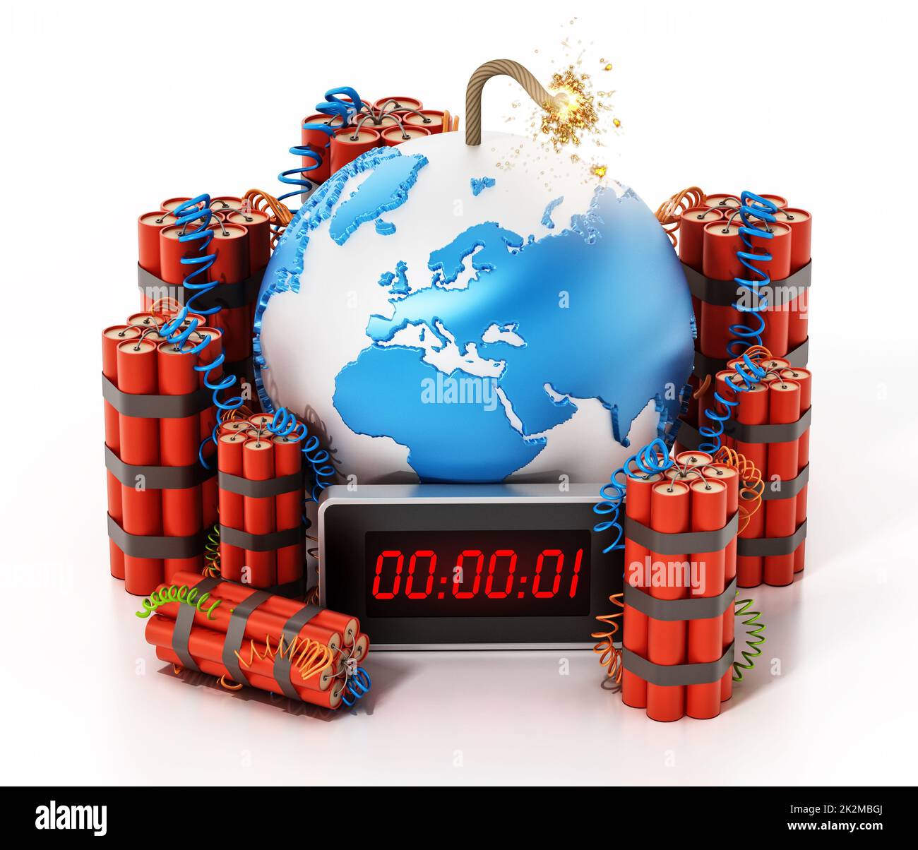 Eine Gruppe von Dynamiten um die bombenförmige Erde, isoliert auf weißem Hintergrund. 3D Abbildung Stockfoto
