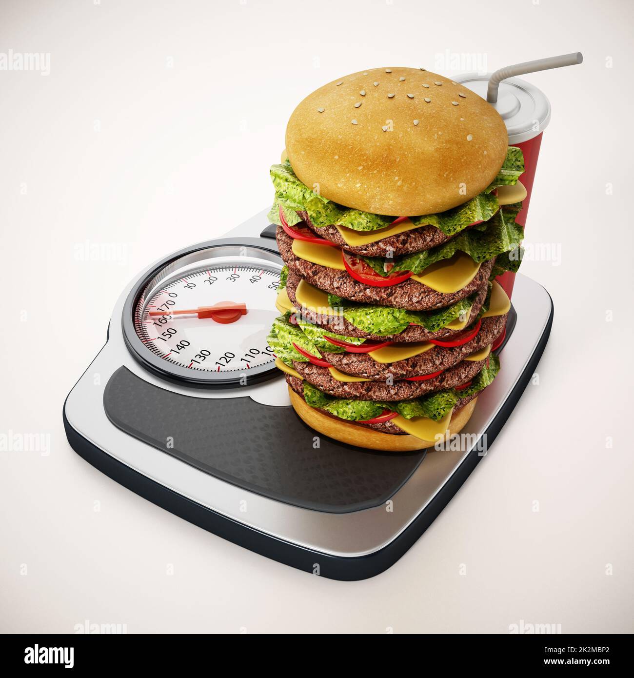 Extra großer Hamburger und Soda stehen auf der Waage. 3D Abbildung Stockfoto