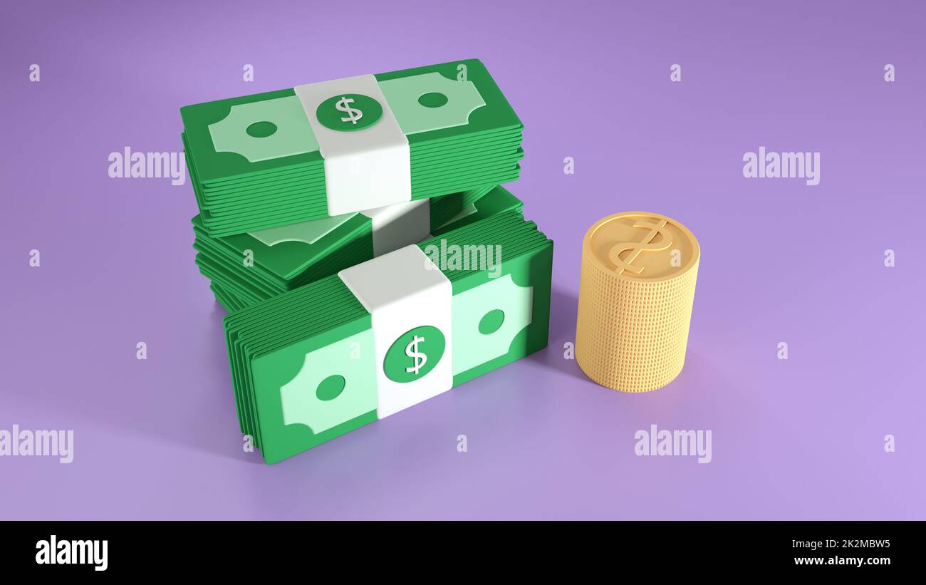 Geldbündel und Münzen stapeln sich auf violettem Hintergrund. Geldsparendes, bargeldloses Gesellschaftskonzept. 3D-Darstellung rendern Stockfoto