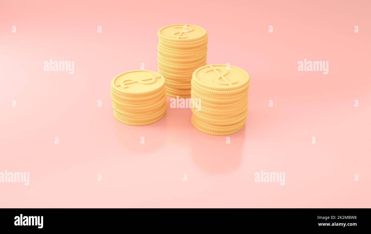 3D Goldmünzen auf pinkfarbenem Hintergrund, 3D-Münzen-Symbol für Webbanner und Symbol für mobile Anwendungen. Stockfoto