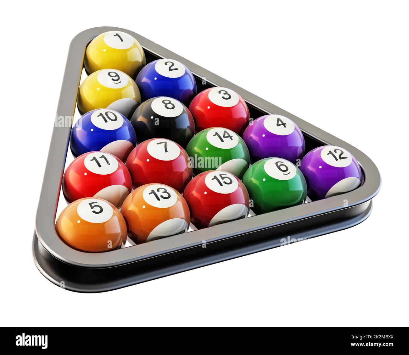Billard- oder Billardkugeln im Billarddreieck. 3D Abbildung Stockfoto