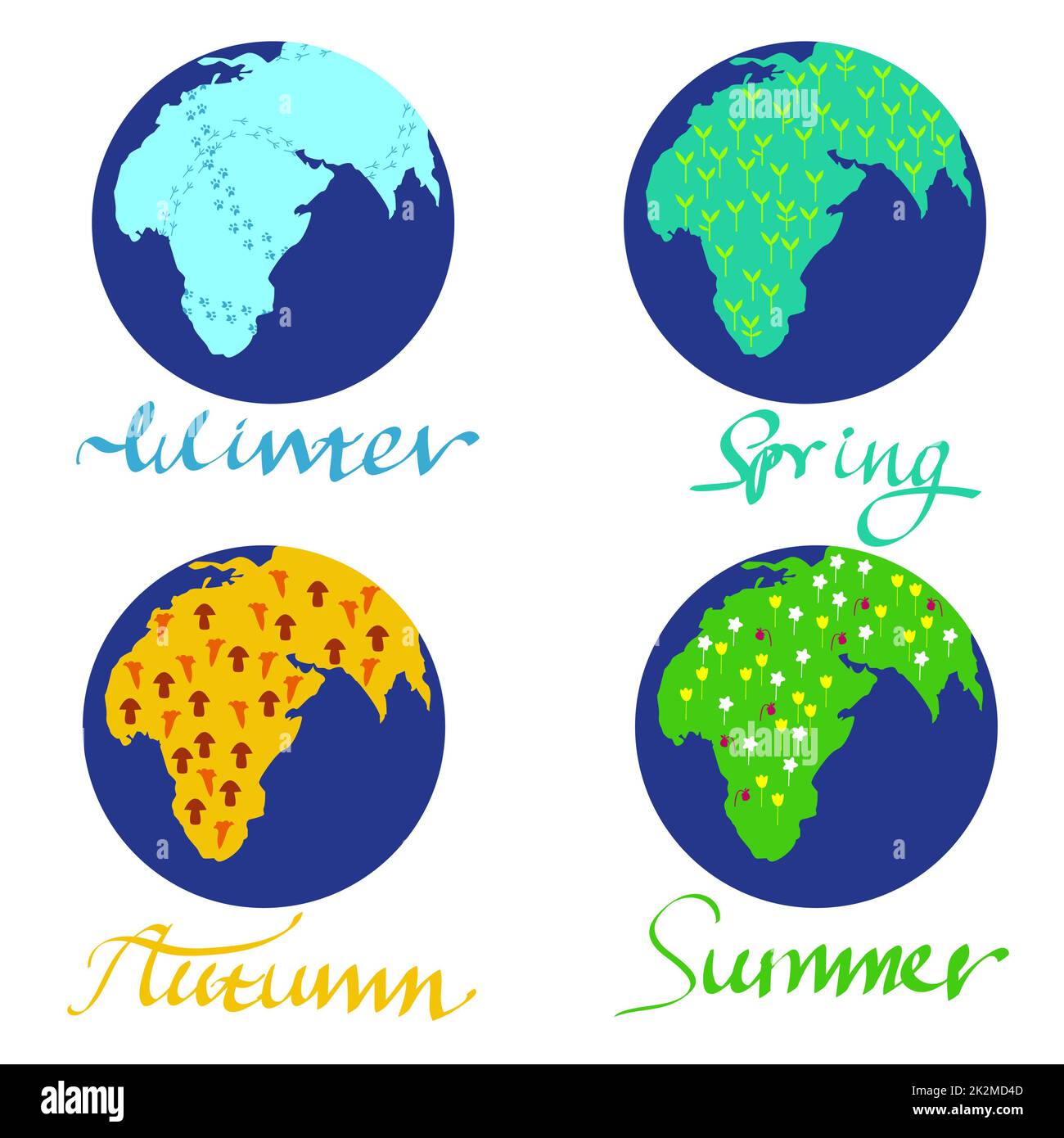 Flora des Planeten Erde in 4 verschiedenen Jahreszeiten Stockfoto