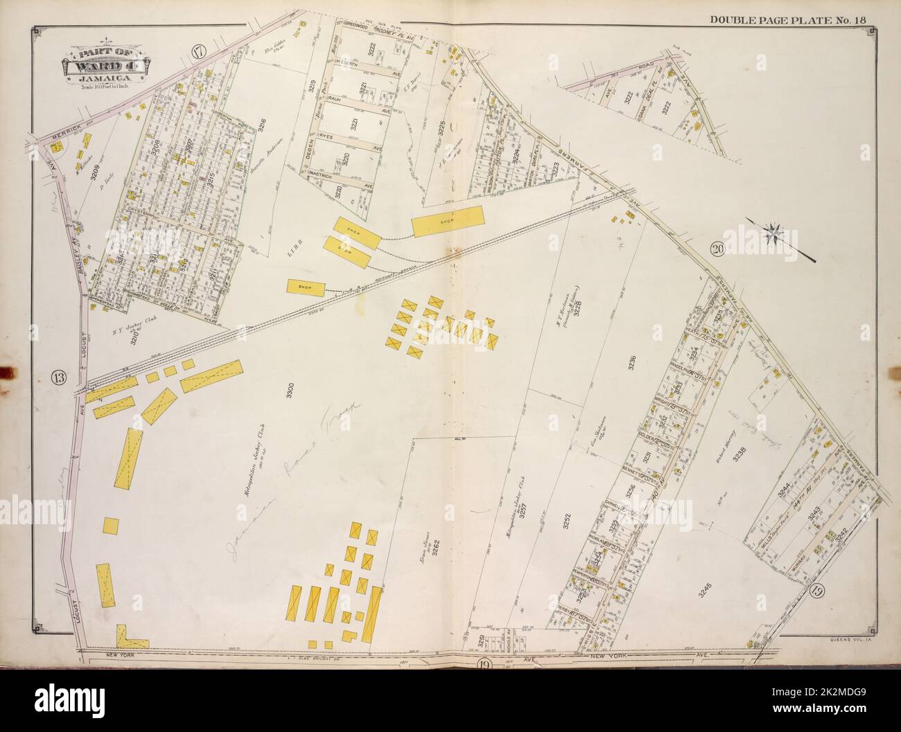 Kartografisch, Karten. 1918. Lionel Pincus und Prinzessin Firyal Map Division. Queens (New York, N.Y.), Immobilien , New York (Bundesstaat) , New York , Queens (Borough) Queens, Vol. 1A, Doppelseite Plate No. 18; Teil von ward 4 Jamaica. Karte begrenzt durch Merrick Rd., Rodney Pl., Farmers Ave., New York Ave., Locust Ave.; Unterplan; Karte begrenzt durch Deal PL. Stockfoto