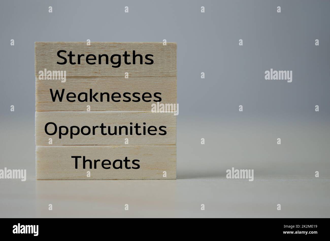 Holzwürfel Block Text SWOT Stärken Schwächen Chancen Bedrohungen auf dem Tisch.Business Marketing Konzept. Stockfoto