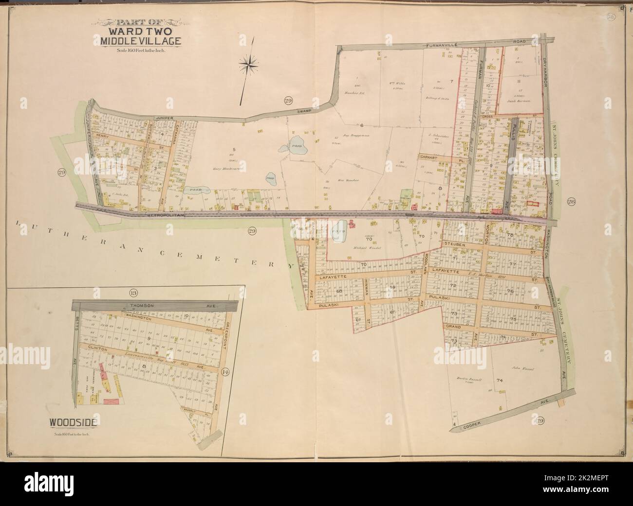 Kartografisch, Karten. 1903. Lionel Pincus und Prinzessin Firyal Map Division. Queens (New York, New York) Queens, Vol. 2, Double Page Plate No. 26; Teil von ward Two Middle Village; Karte begrenzt durch Juniper Swamp Road, Furmanville Road, Dryharbour Road, Washington Road; einschließlich Cooper Ave., Barnum Ave., Metropolitan Ave., Juniper Ave.; Woodside; Karte begrenzt durch Thomson Ave., Greenpoint Ave.; einschließlich Waverly Pl., Betts Ave Stockfoto